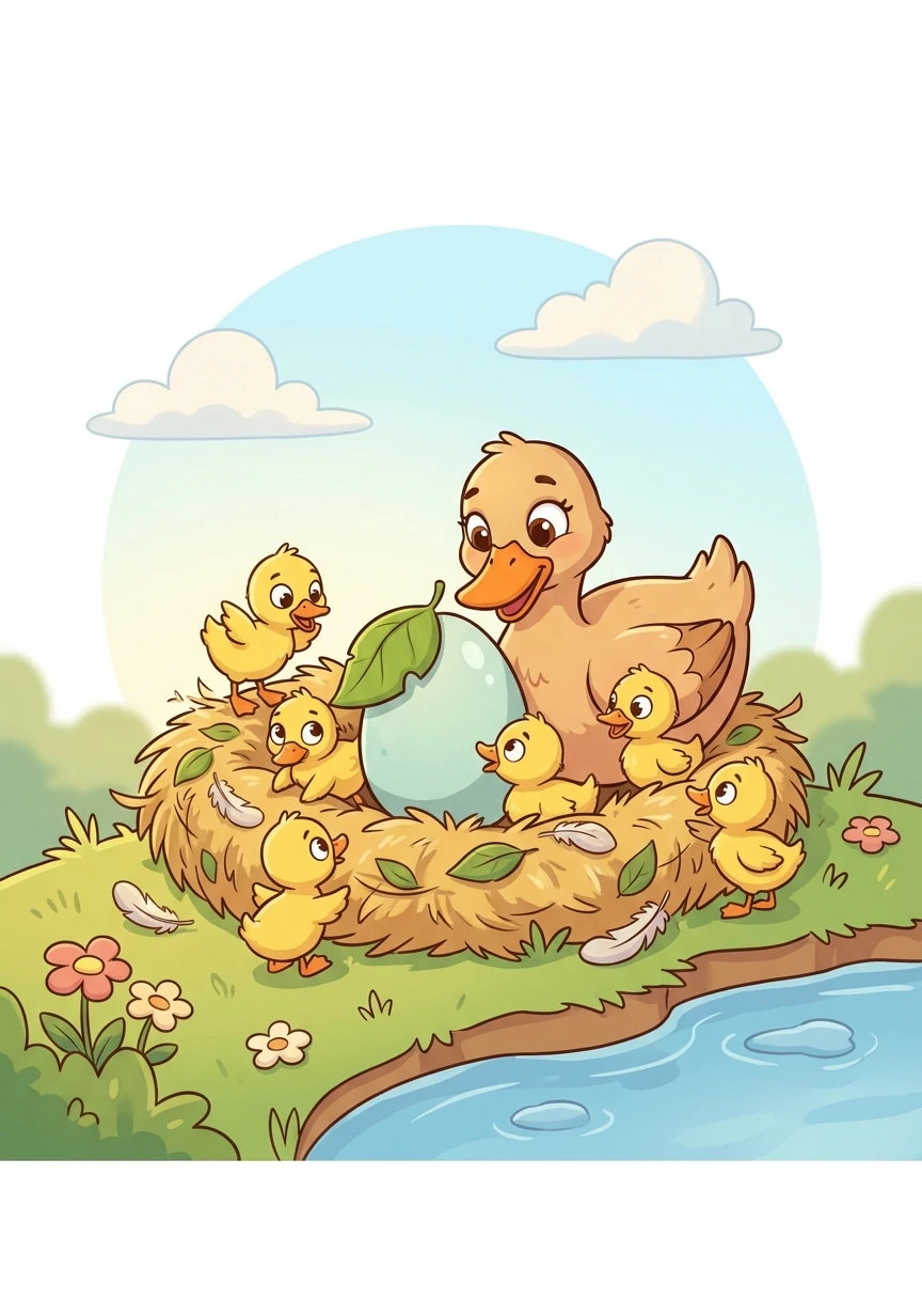 Những chú vịt con xinh xắn lần lượt chào đời, nhưng vẫn còn một quả trứng lớn chưa nở.