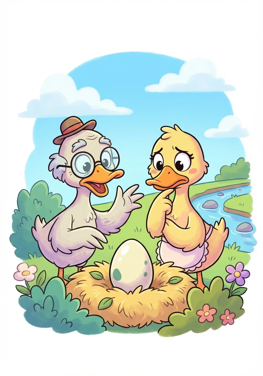 Bác Vịt già khuyên Vịt mẹ nên bỏ quả trứng đó, nghi ngờ nó là trứng gà tây.