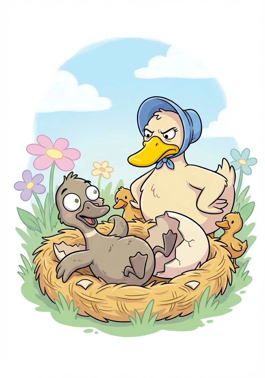 Cuối cùng, quả trứng nở ra một chú vịt con to lớn và xấu xí, khiến Vịt mẹ nghi ngờ.