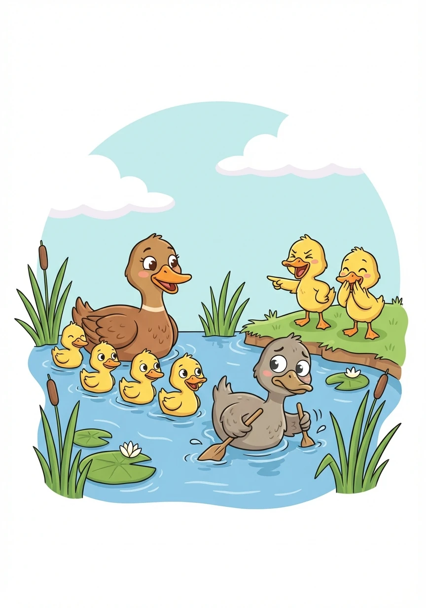 Vịt mẹ dẫn các con xuống ao, và chú vịt con xấu xí biết bơi, nhưng bị các anh chị chế giễu.