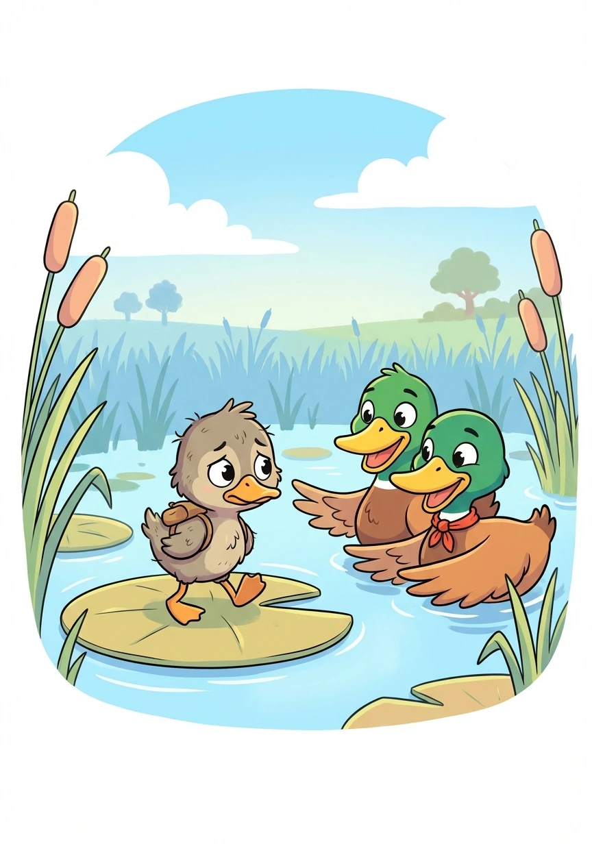 Chú vịt con xấu xí bỏ nhà ra đi và kết bạn với những chú vịt trời trong đầm lầy.
