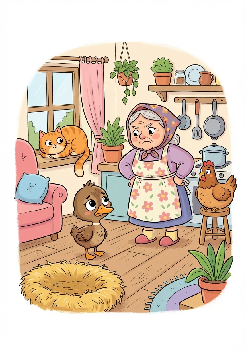 Chú vịt con xấu xí tìm đến một ngôi nhà nhỏ, nhưng bà lão thất vọng vì nó không đẻ trứng.