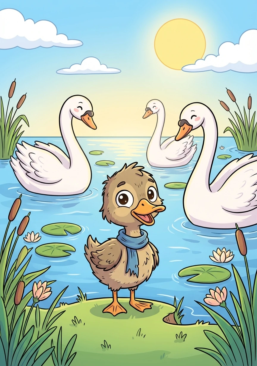 Chú vịt con xấu xí đến một hồ nước và ngưỡng mộ vẻ đẹp của những chú thiên nga.