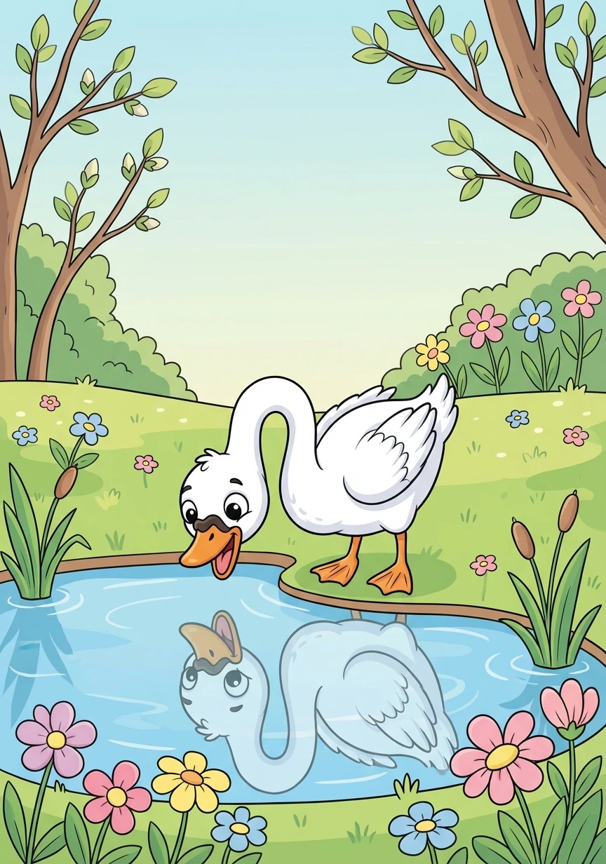 Mùa xuân đến, chú vịt con xấu xí nhìn thấy hình ảnh phản chiếu của mình và nhận ra mình đã biến thành một chú thiên nga trắng xinh đẹp.