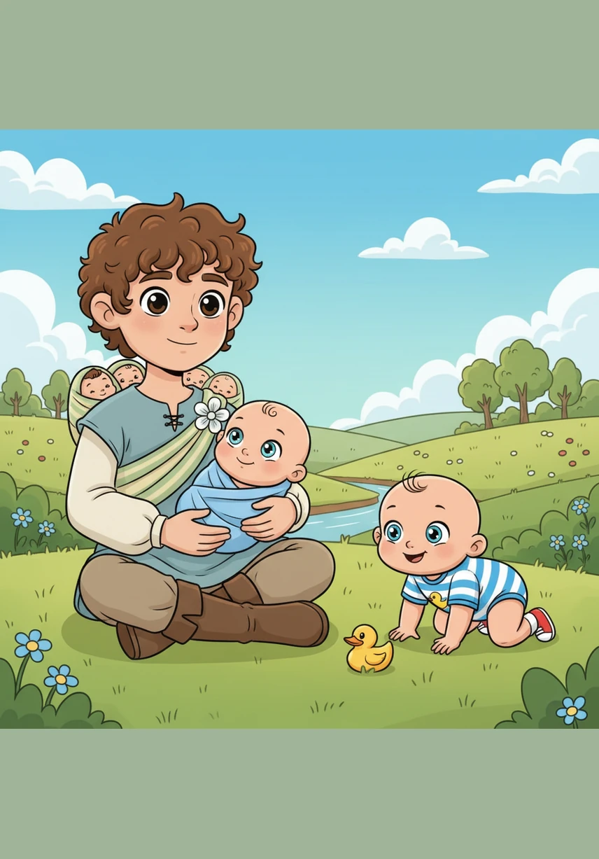 In a quiet, rolling valley where hills are crowned with colorful flowers, a cozy little cottage sits with green ivy climbing its stone walls. The sun sets peacefully, painting the sky in shades of gold and purple as the day comes to an end.