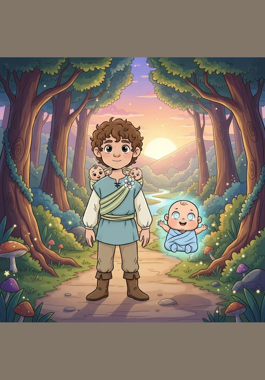 The trio travels along a winding path where the trees seem to whisper secrets and the meadows glow with a soft, ethereal light. The air is filled with the sweet scent of night flowers as they venture deeper into the magical forest.