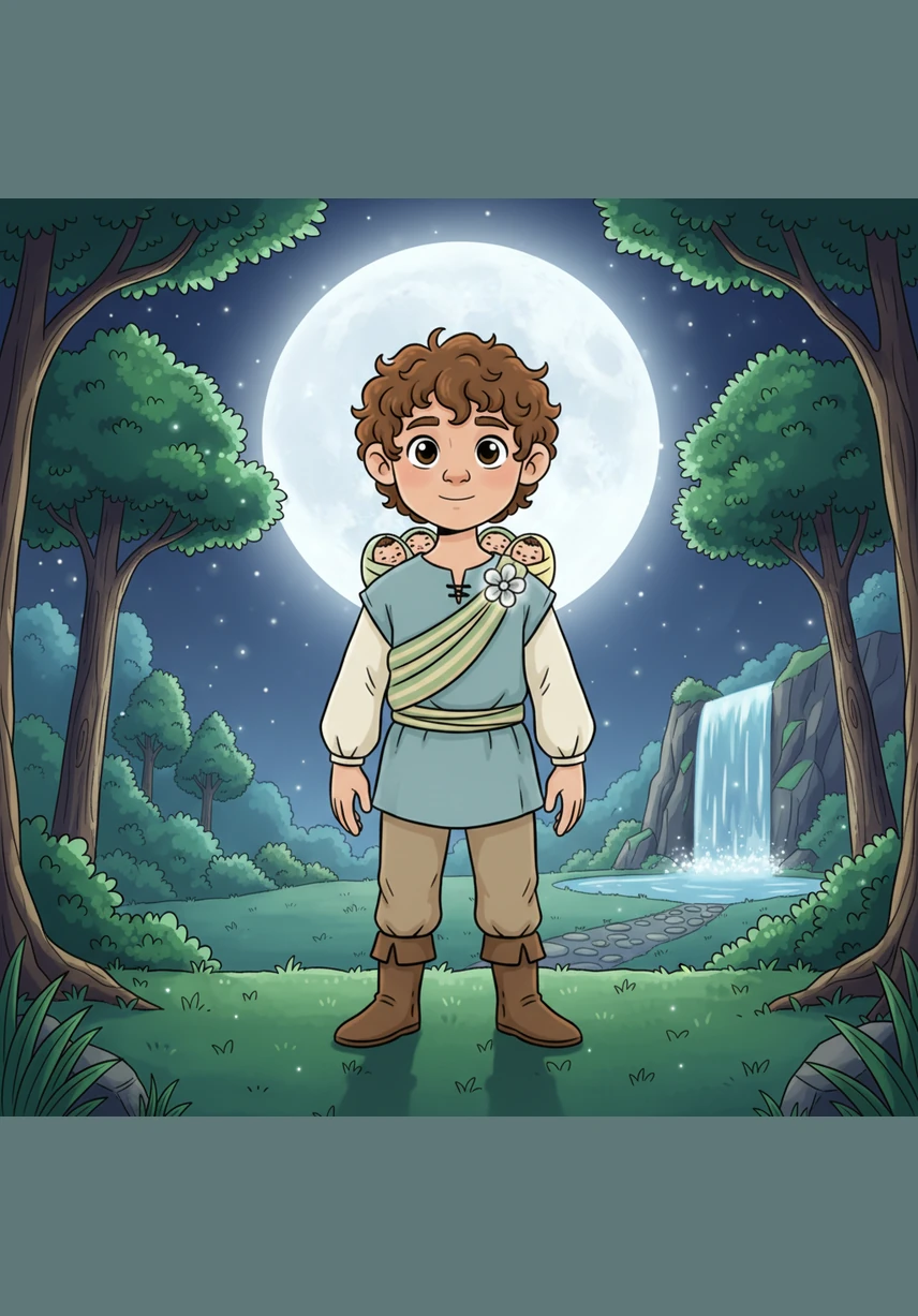 They arrive at the Moonlit Orchard, where the trees shimmer with blossoms made of pure light and petals drift down like falling stars. In the center stands the magnificent Great Silver Tree, its ancient roots dipping into a crystal-clear pool.