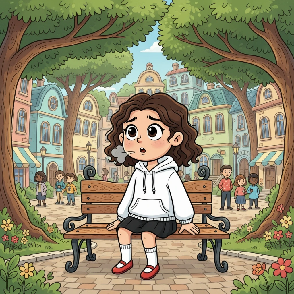 Luna, a girl with short brown hair and wide, dark eyes, sat on a bench in a bustling, tree-lined city square. She wore a black skirt and a white hoodie, sighing deeply for the third time. Buildings with playful, curvy lines towered above, blending with ancient, sprawling trees in this unique, developed-yet-forested city. Her expressive face was a mix of confusion and wonder as she muttered, "Are my imaginations really that real, or did this just happen to me? Oh, this isn't what I imagined at all."