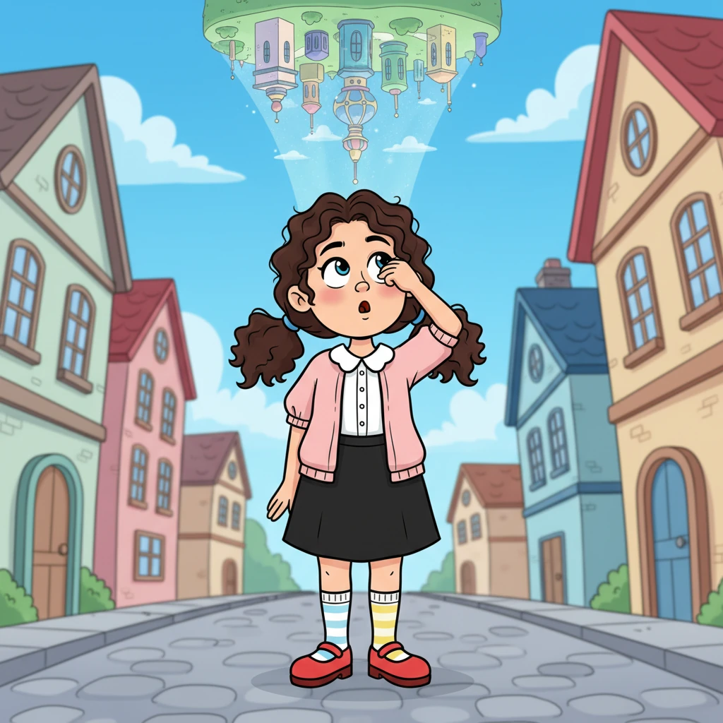 Suddenly, a shimmer flickered high above the tallest buildings, revealing a glimpse of something impossible. Luna’s wide eyes darted upwards, her small stature making her crane her neck. There, hanging in the sky, was a city that appeared completely upside down, its colorful spires and floating islands defying gravity with bold, clean outlines against the bright blue. She rubbed her eyes, wondering if it was just another one of her vivid daydreams.