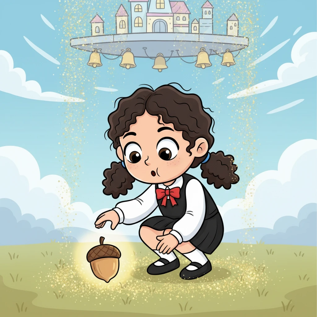 A tiny, bell-like chime drifted down from the sky city, followed by a shower of sparkling dust that landed near Luna's feet. Among the glitter, a miniature, glowing acorn rolled to a stop, pulsating softly. Its exaggerated size for an acorn, yet small enough to fit in her palm, confirmed this wasn't just a trick of light. Her brow furrowed in playful disbelief, a tiny gasp escaping her lips.