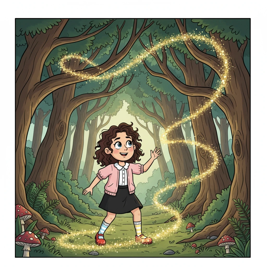 Driven by an unshakeable curiosity, Luna stood up, her dynamic pose showing a mix of caution and excitement. She followed the trail of sparkling dust that seemed to lead away from the bustling city square, deeper into a particularly ancient and gnarled part of the forest. The trees here had branches that twisted into whimsical, arching pathways, inviting her onward with smooth, flowing lines.