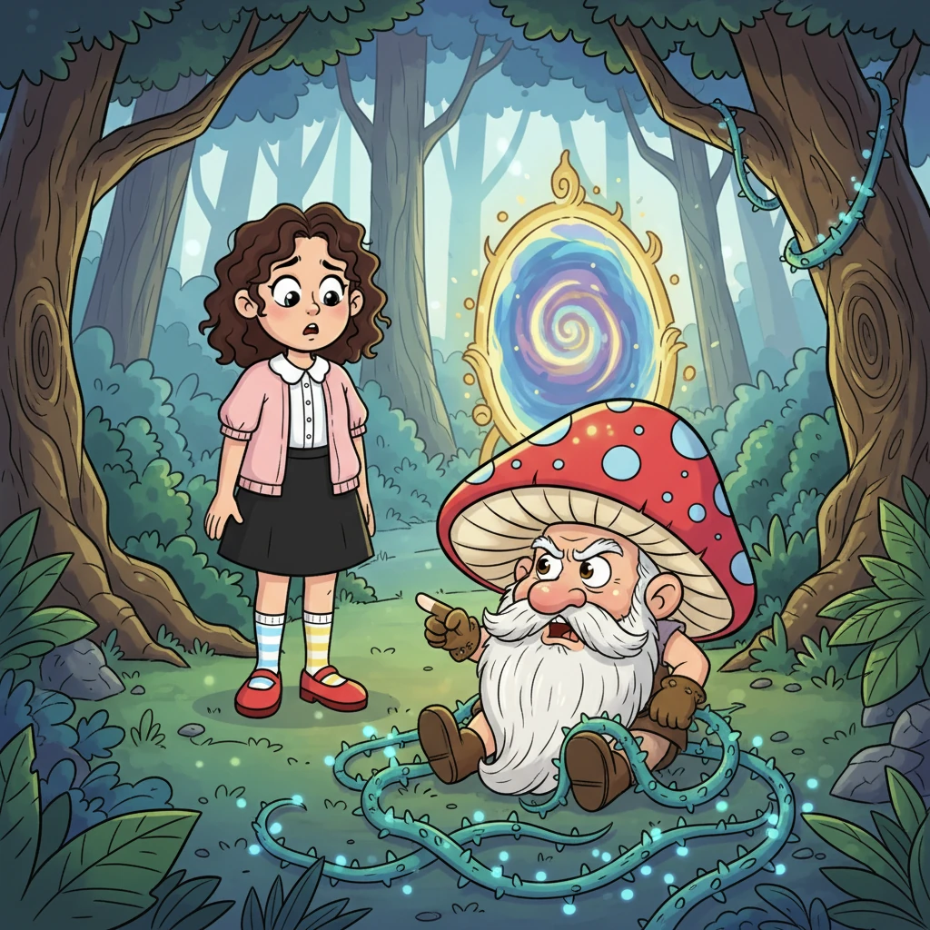 Deep within the ancient woods, Luna stumbled upon a tiny, grumpy-looking dwarf with an enormous, brightly colored mushroom hat, attempting to untangle his long beard from a tangle of glowing vines. The dwarf, with exaggerated proportions and a comically frustrated expression, grumbled loudly. He looked up at Luna, his wide eyes hinting at both annoyance and surprise, pointing a stubby finger towards a shimmering portal further ahead.