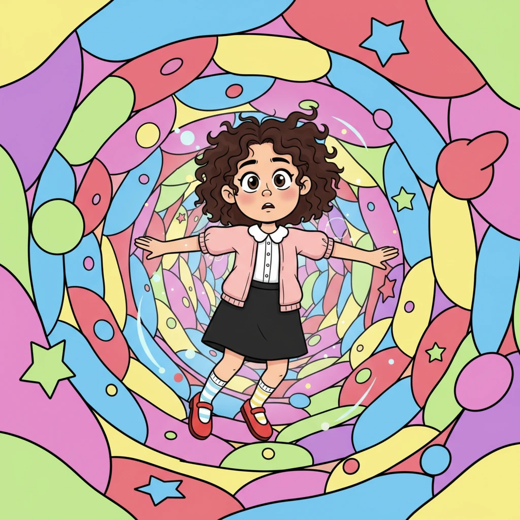 Taking a deep breath, Luna stepped through the shimmering portal, finding herself in a dizzying, kaleidoscopic tunnel of swirling colors and floating geometric shapes. The tunnel, rendered with bold, clean outlines, seemed to gently pull her upwards, defying any sense of direction. Playful, glowing motes of light danced around her, making her short brown hair float slightly as she ascended.