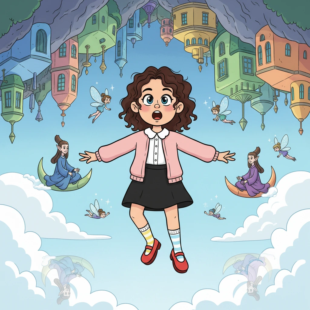 With a gentle pop, Luna emerged into the Upside-Down Sky City. Buildings with exaggerated, gravity-defying architecture clung to the underside of floating landmasses, their vibrant colors reflecting off the clouds below. Elves with long, elegant ears glided past on whimsical air-skiffs, while tiny fairies zipped through the air, their translucent wings shimmering. Luna's mouth hung open in pure, unadulterated wonder, her eyes sparkling.