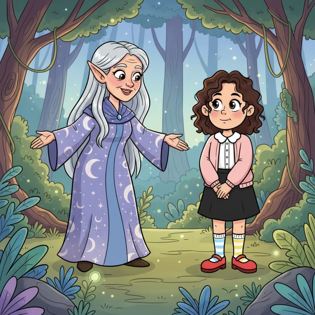 A wise-looking elf, with a kind smile and robes that flowed like moonlight, approached Luna. "Welcome, young Luna," the elf said, her voice soft and melodious. "Your imagination is not just real; it's a bridge between worlds. We've been expecting someone with your unique spark." Luna's expressive face shifted from shock to a dawning understanding, her wide eyes now full of hopeful recognition.