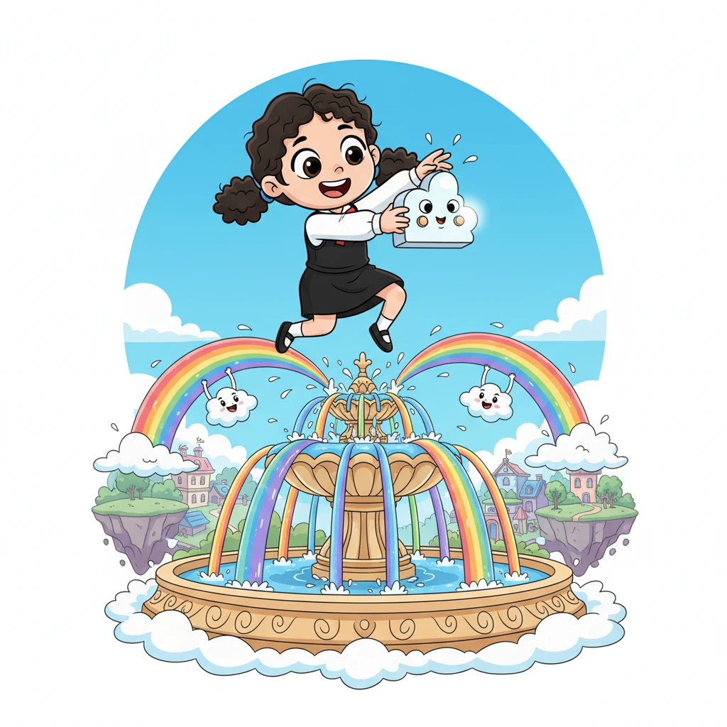 The elf explained that a mischievous little cloud sprite had accidentally inverted the Sky City's main fountain, causing a rain of upside-down rainbows. Luna, with her unique perspective, quickly saw that simply turning the sprite's tiny, cloud-shaped control panel right-side up would fix it. With a joyful, dynamic leap, she playfully flipped the panel, and the fountain instantly righted itself, spraying beautiful, colorful water upwards once more.