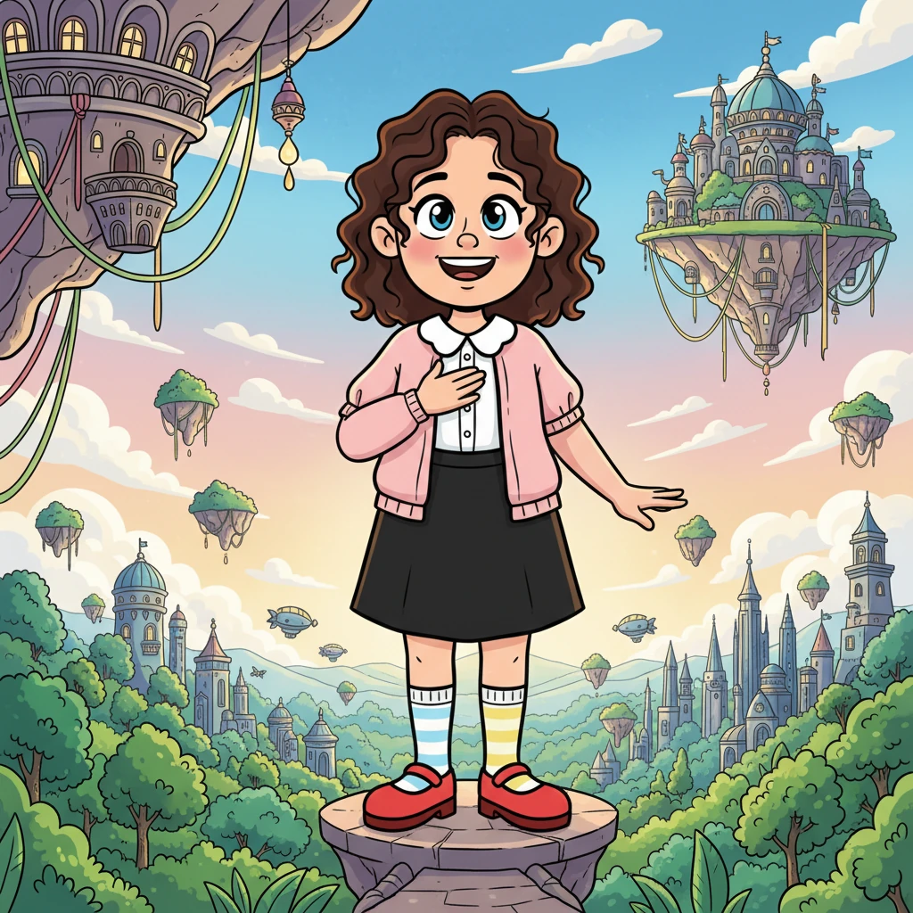 Standing at the edge of the Sky City, Luna gazed down at her home city below, now seeing it not as separate, but connected. The developed spires and ancient forests blended seamlessly with the floating islands and whimsical structures above. No longer sighing, her face was alight with a radiant smile, her wide eyes reflecting a newfound purpose and joy. She knew her imagination was not a burden, but a key to an extraordinary world, ready for countless new adventures.