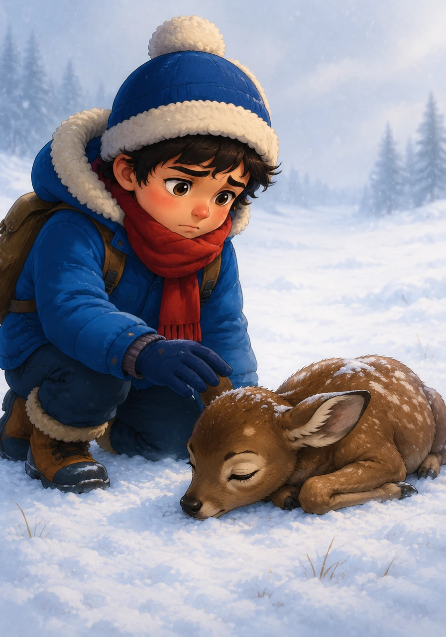 Stepping closer, he discovered a tiny, fragile deer lying perfectly still in the freezing snow. Itri knelt down beside her, his heart filled with worry as he gently asked if she was hurt.