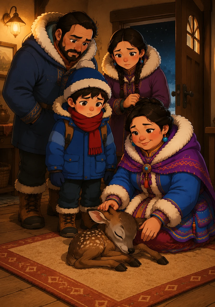 As Itri rushed through the front door, his worried family gathered around to look at the motionless visitor. His mother smiled gently and reassured him, explaining that the deer just needed food, water, and warmth.