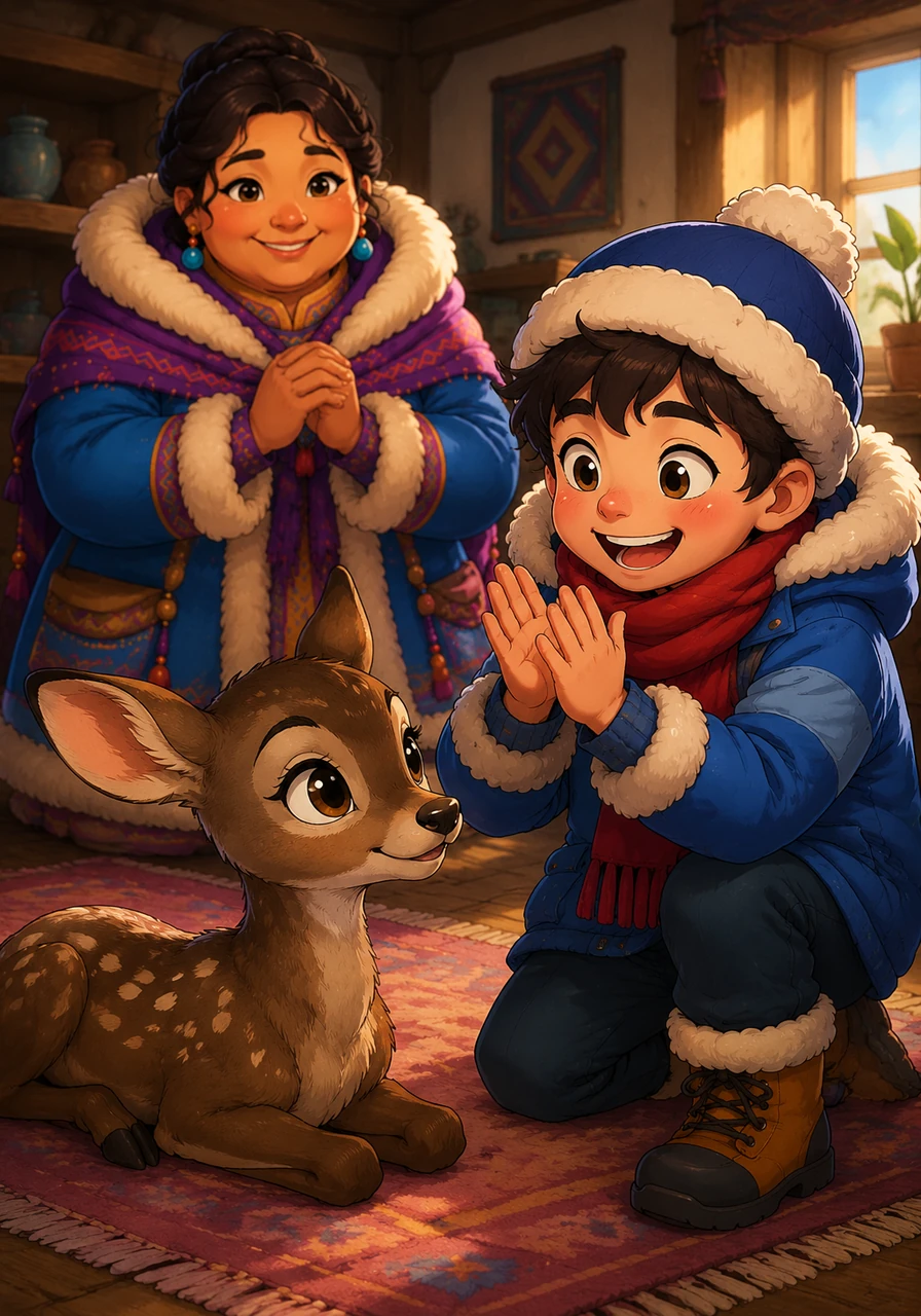 A moment later, the little deer fluttered her long eyelashes and opened her bright, dark eyes. Itri clapped his hands with joy, shouting to his family that their new friend was finally feeling better.
