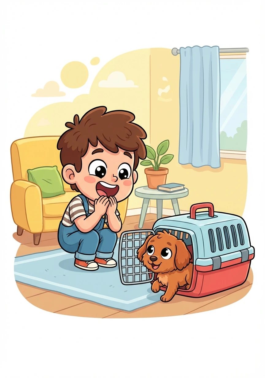 A small, fluffy puppy with cinnamon-colored fur peeked out from the carrier. Timmy gasped. He was the cutest puppy he had ever seen!