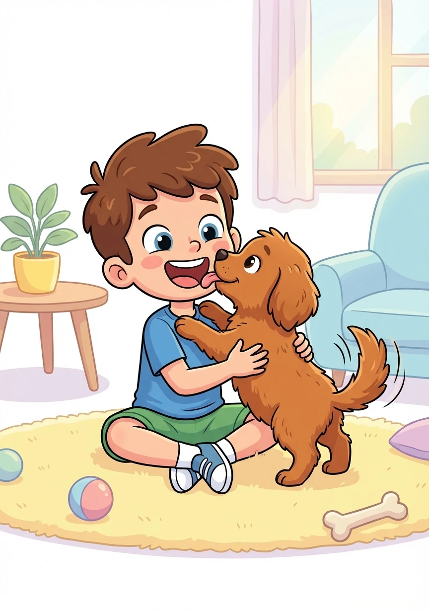 Timmy named the puppy Cinnamon because of his warm, brown fur. Cinnamon wagged his tail furiously, licking Timmy's face with joy.