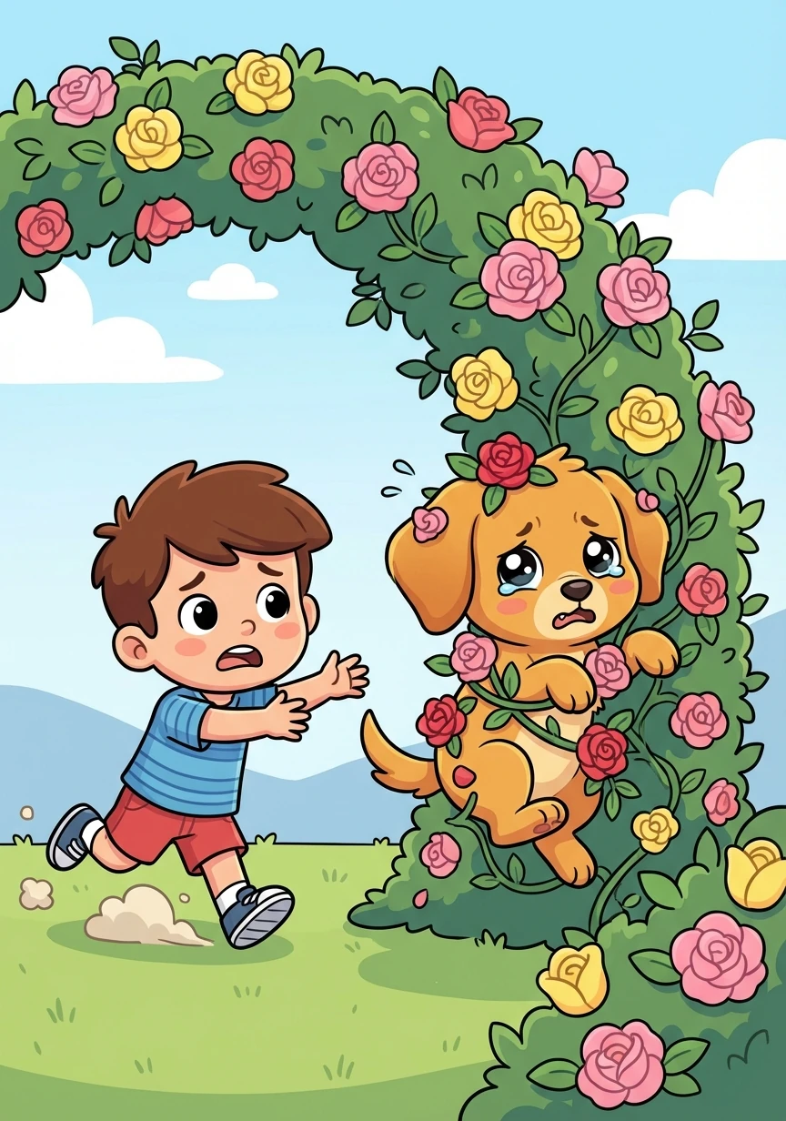 Oh no! Cinnamon got tangled in a climbing rose bush. He whimpered, unable to move. Timmy rushed to his rescue.