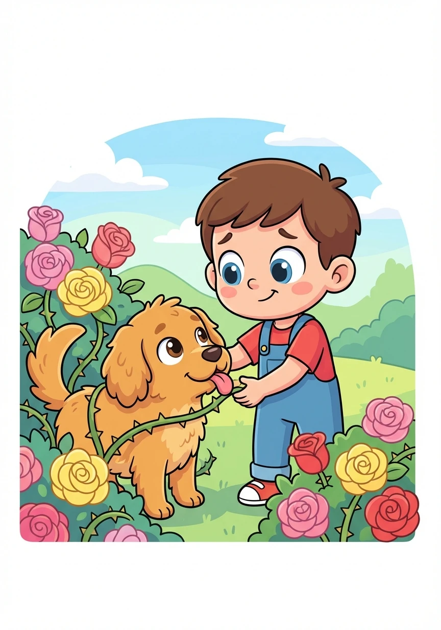 Carefully, Timmy untangled Cinnamon from the rose bush, avoiding the prickly thorns. Cinnamon licked Timmy's hand in gratitude.