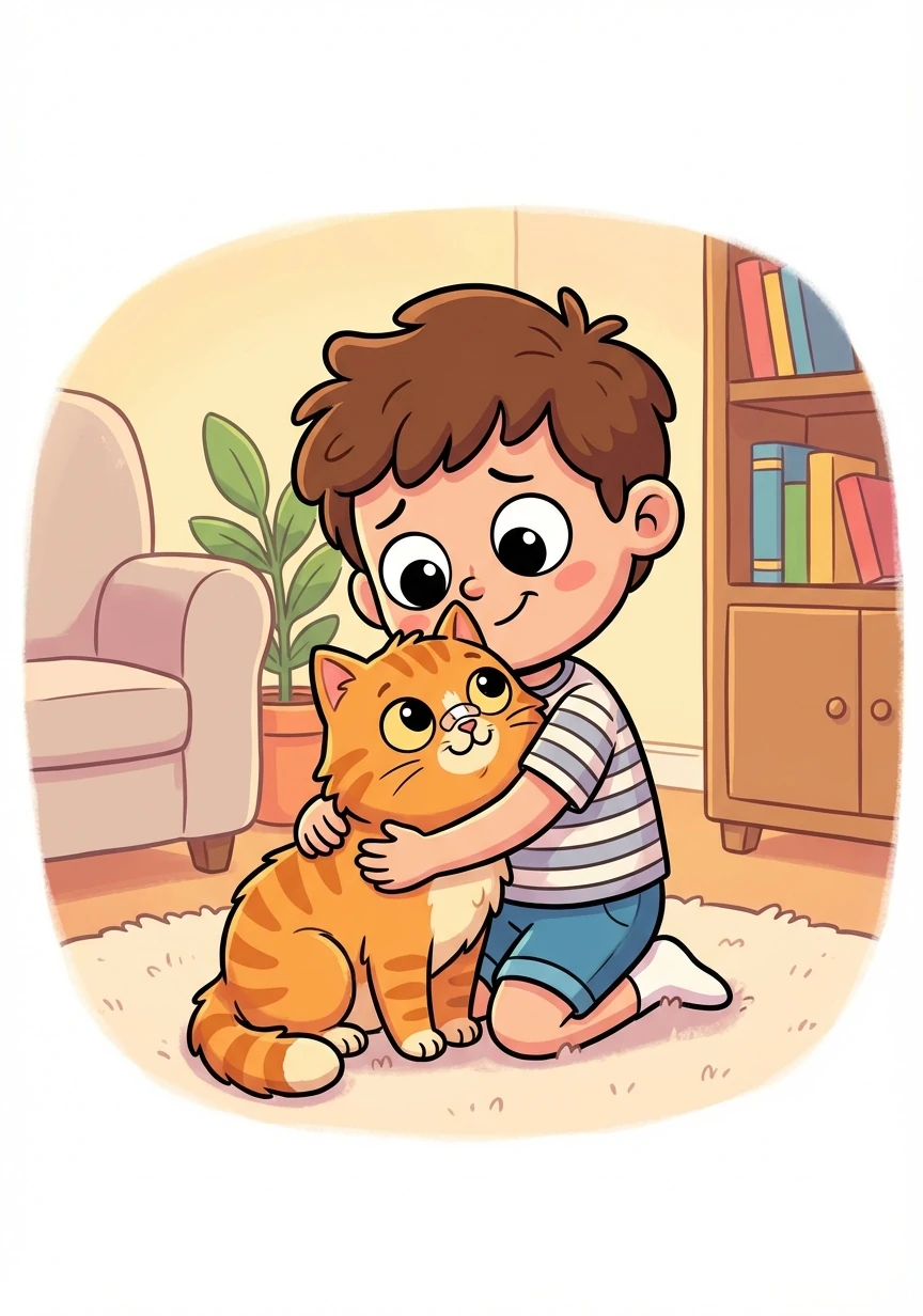 Back in the house, Timmy gently bandaged a small scratch on Cinnamon's nose. He gave Cinnamon a big hug, relieved he was okay.