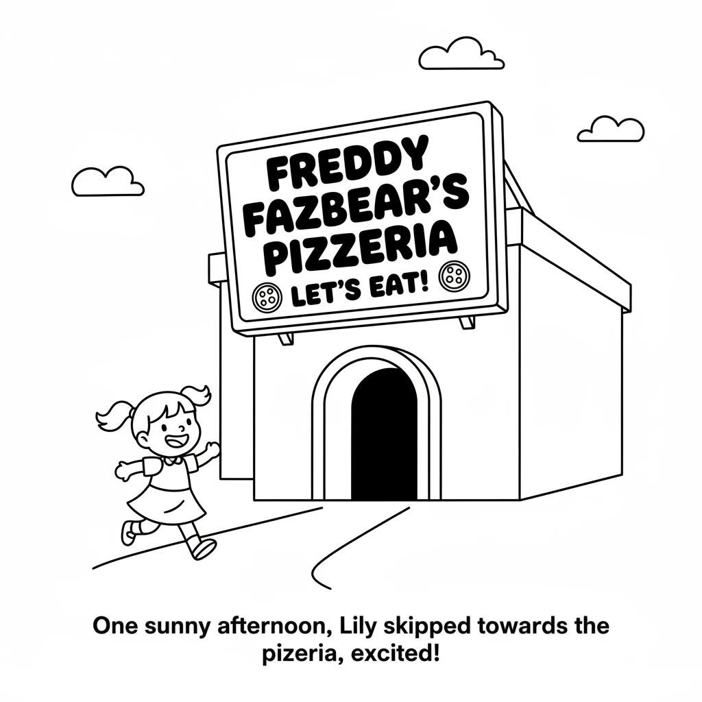 One sunny afternoon, a little girl named Lily skipped towards a friendly-looking building. A cheerful sign above the door read 'Freddy Fazbear's Pizze