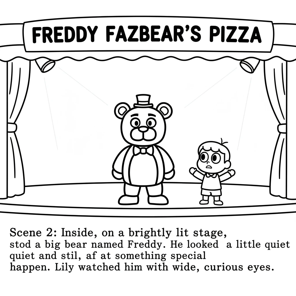 Inside, on a brightly lit stage, stood a big bear named Freddy. He looked a little quiet and still, as if waiting for something special to happen. Lil