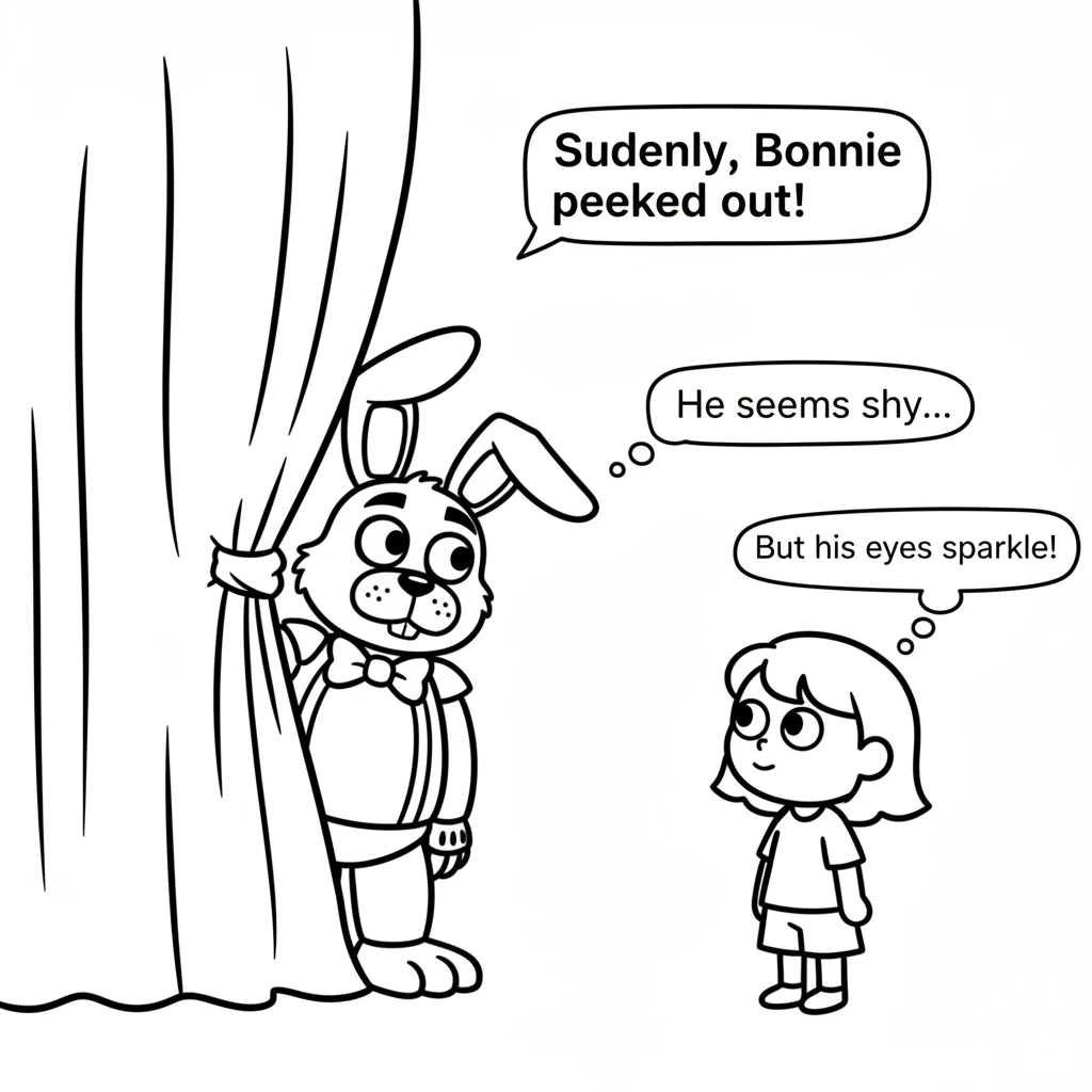 Suddenly, from behind a red curtain, a long-eared bunny named Bonnie peeked out. Bonnie seemed a little shy, but his eyes sparkled with a gentle curio