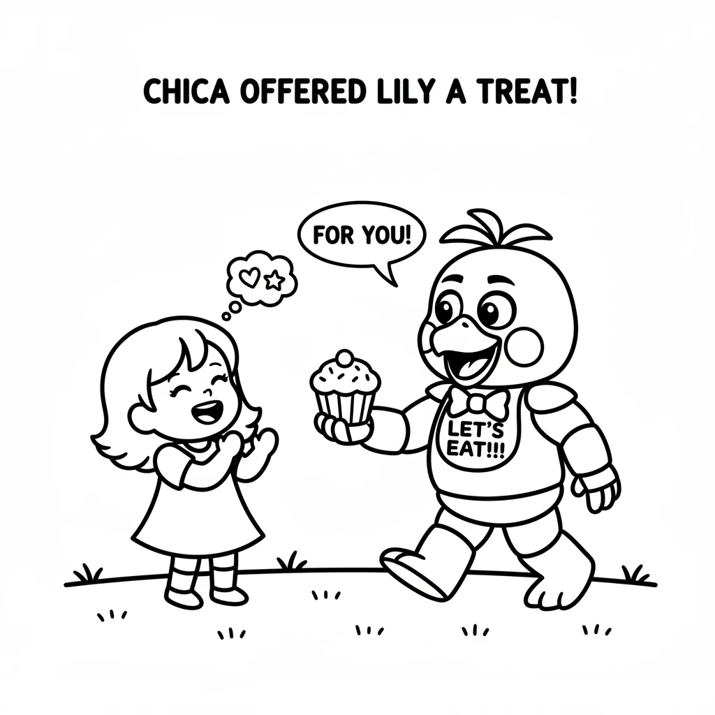 Next, a friendly chicken named Chica waddled over, holding a delicious-looking cupcake. She offered it to Lily with a sweet, welcoming smile. Lily gig