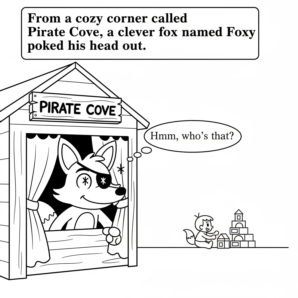 From a cozy corner called Pirate Cove, a clever fox named Foxy poked his head out. He had a playful eye patch and a curious grin. Foxy watched Lily wi
