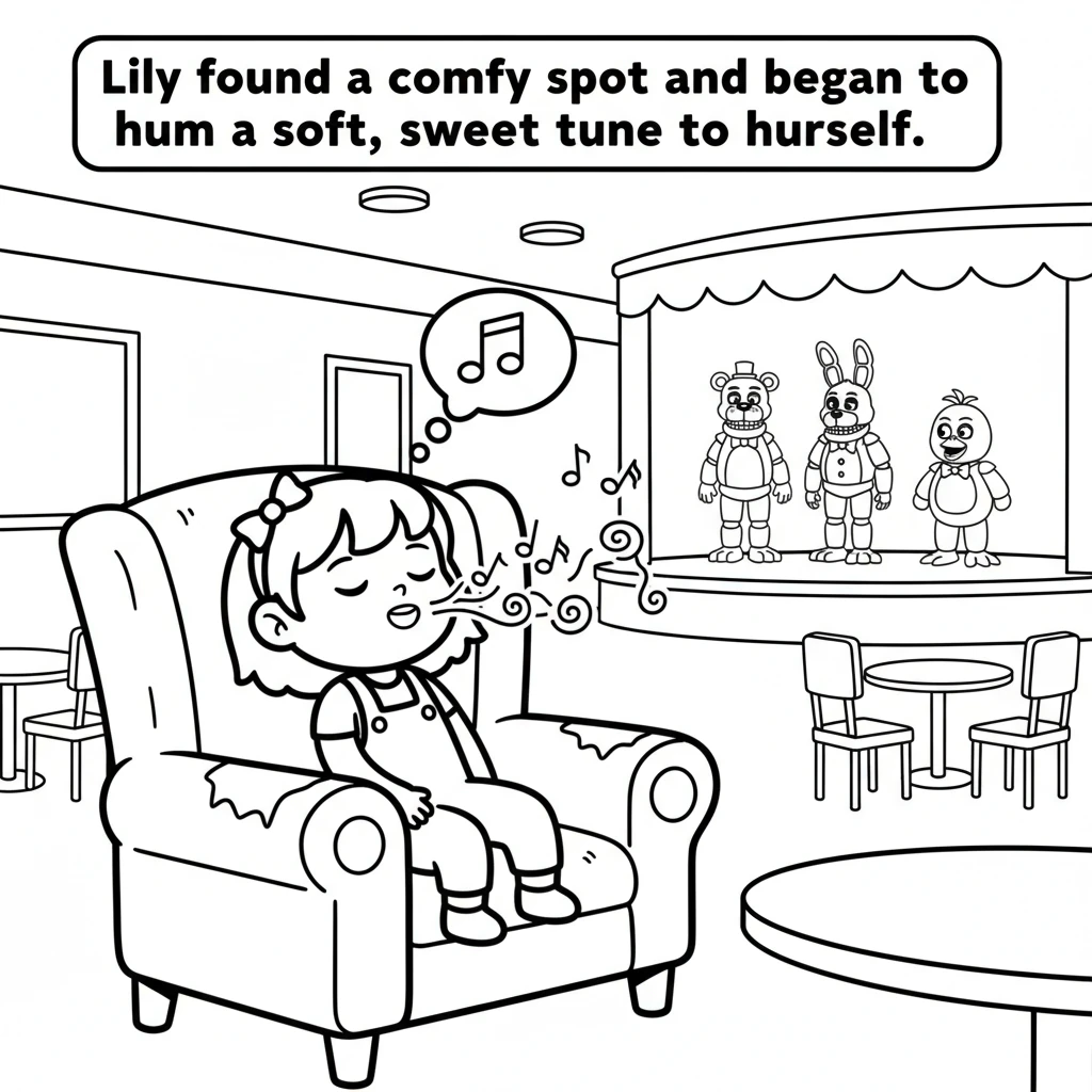 Lily found a comfy spot and began to hum a soft, sweet tune to herself. The melody floated through the air, light and airy, filling the quiet pizzeria