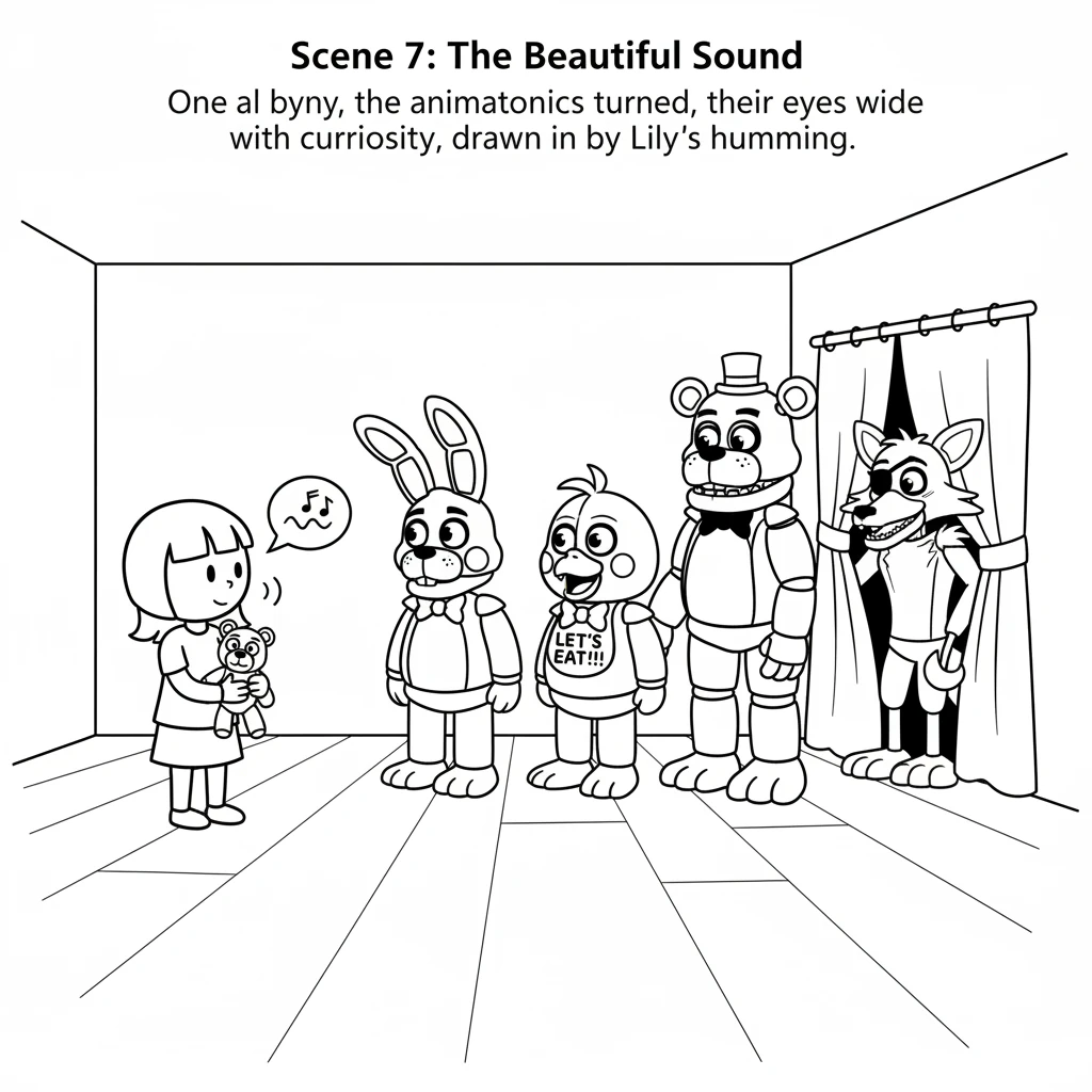 One by one, Freddy, Bonnie, Chica, and Foxy slowly turned their heads towards Lily. Their eyes grew wide with interest, drawn in by the beautiful soun