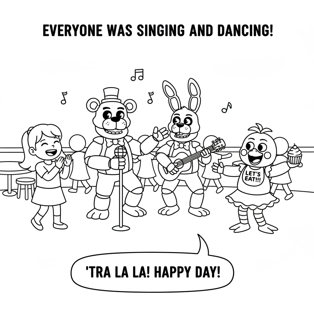 Soon, everyone was singing and dancing together! Lily clapped her hands with delight, and the animatronics moved in simple, joyful ways. The pizzeria