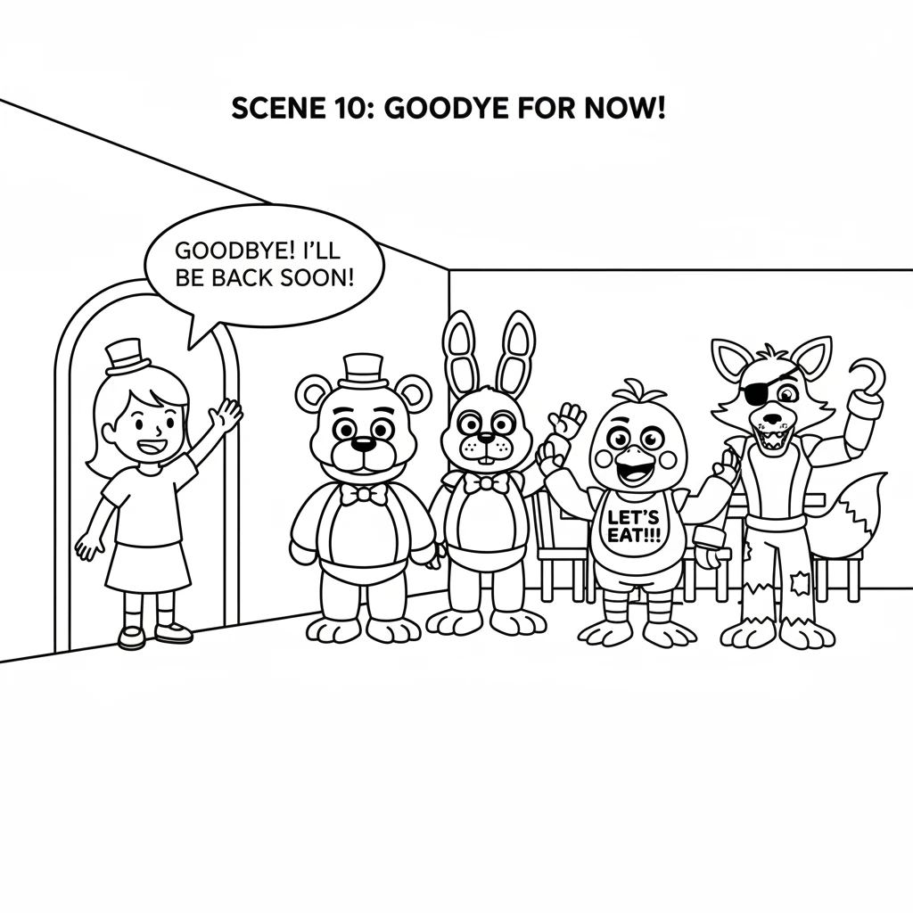 As the day ended, Lily waved goodbye at the door, promising to return very soon. Freddy, Bonnie, Chica, and Foxy waved back, their faces beaming with