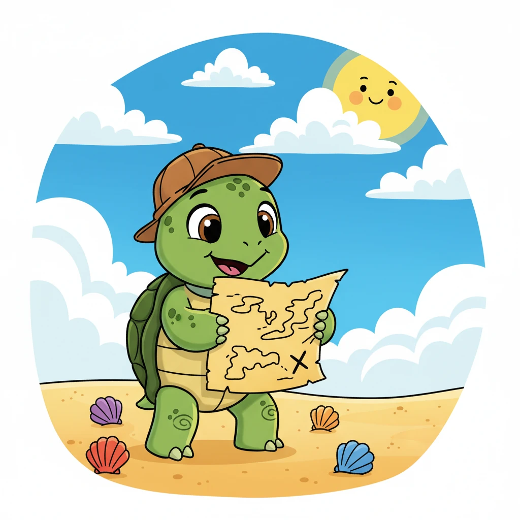 Turbo the Turtle, a cheerful green little fellow, beamed happily on a sunny beach. He clutched a crinkly old treasure map, his eyes sparkling with adventure. Bright seashells dotted the warm sand around him, under a big blue sky.