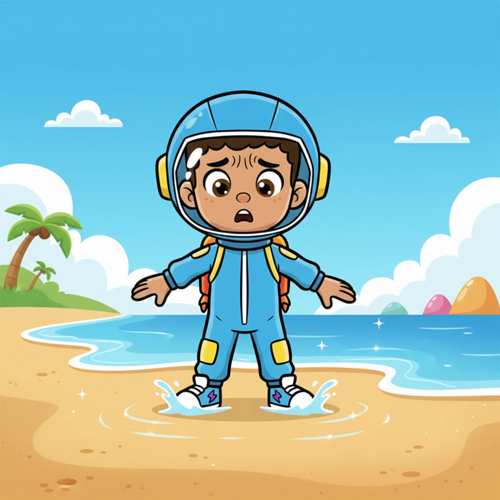Suddenly, Turbo looked down and his smile vanished! The treasure map was gone! His eyes grew wide with surprise, then wrinkled with worry as gentle waves tickled the sand where the map used to be.