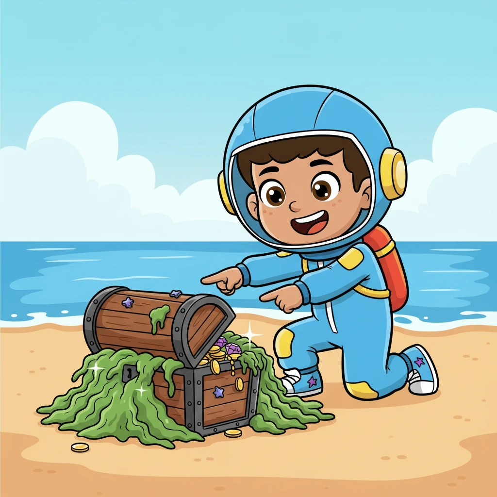 And there it was! Peeking out from under a pile of seaweed was a sturdy wooden treasure chest! Turbo let out a joyful squeal, his face beaming with pure excitement and happiness. His adventure had led him to the prize!