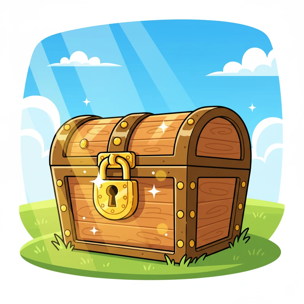 The treasure chest sat proudly, its old wooden surface gleaming in the bright sunlight. A golden lock sparkled, hinting at the wonderful surprises hidden inside. It looked magical, filled with stories and shiny treasures.