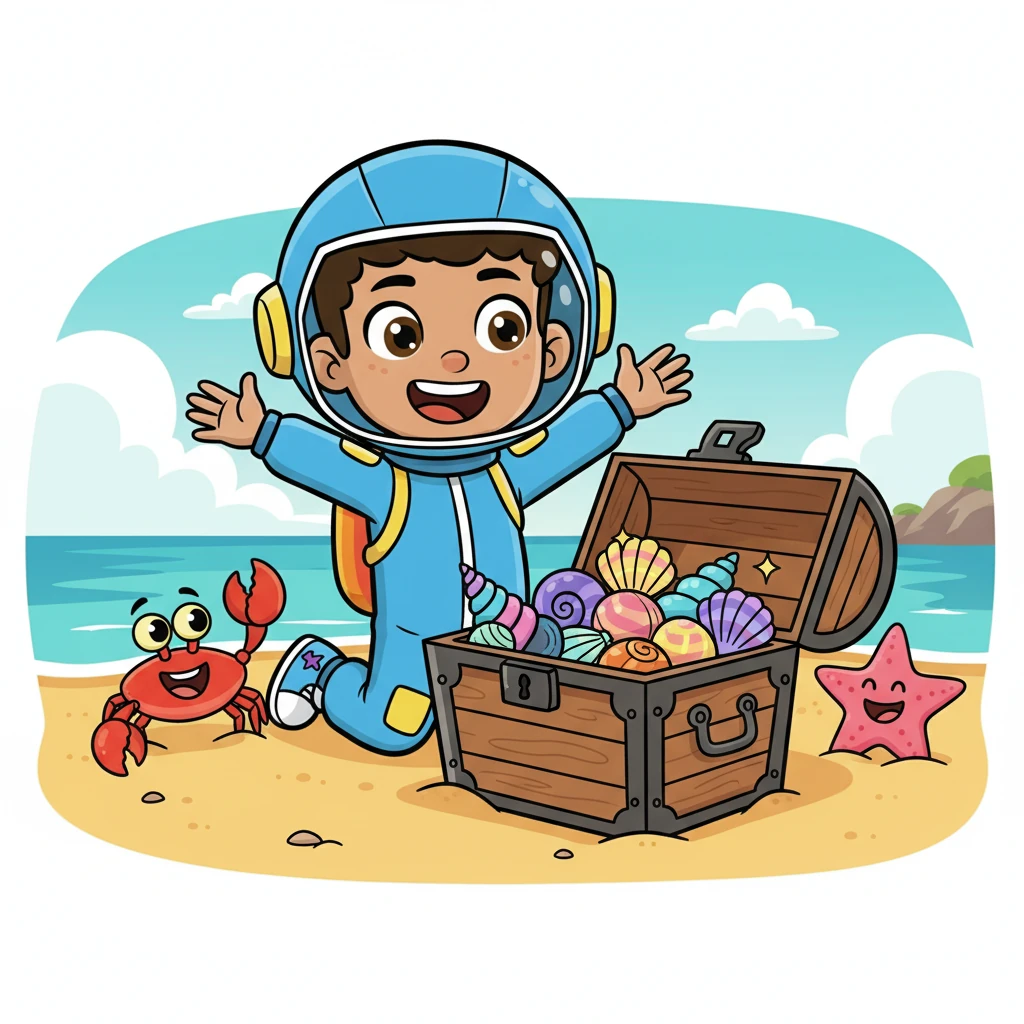 With a triumphant cheer, Turbo opened the chest to reveal… a collection of the most beautiful, colorful shells! His friends, a giggling starfish and a waving crab, popped up from the sand, cheering for Turbo's cleverness. Everyone was so happy!