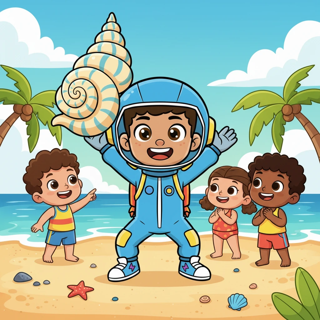 Turbo held up a magnificent swirly shell, his heart full. "Remember," he chirped to his friends, "step by step, we can solve any problem, big or small!" The cheerful beach scene glowed with their shared joy and friendship.