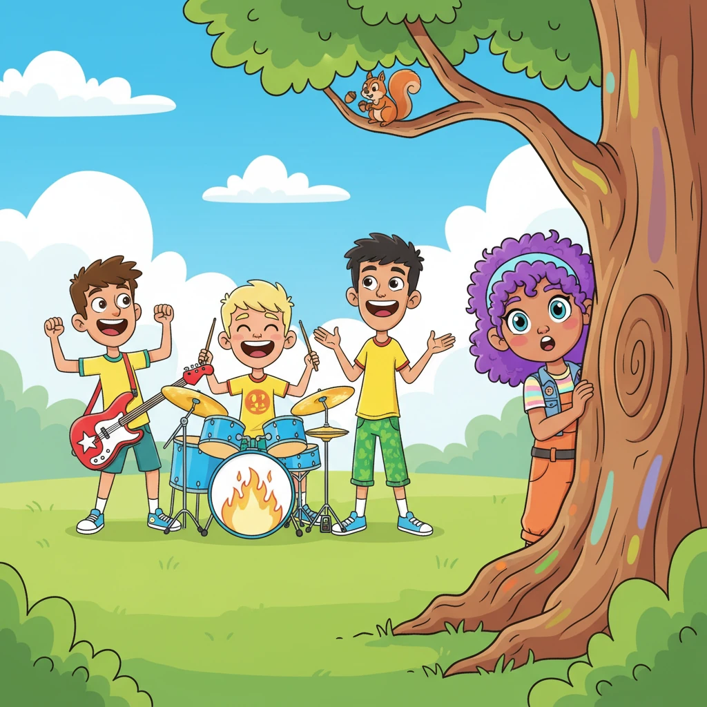 Chloe, with wide, curious eyes, peeks around a vibrant, oversized tree trunk. She overhears a group of boys, exaggeratedly confident, showing off shiny, cartoonish instruments like a bright red guitar and a drum set with giant cymbals. They are laughing loudly, declaring themselves the "Boys Squad" and the best new band in town. The scene is filled with bright greens and blues from the park, with playful squirrels watching from above.