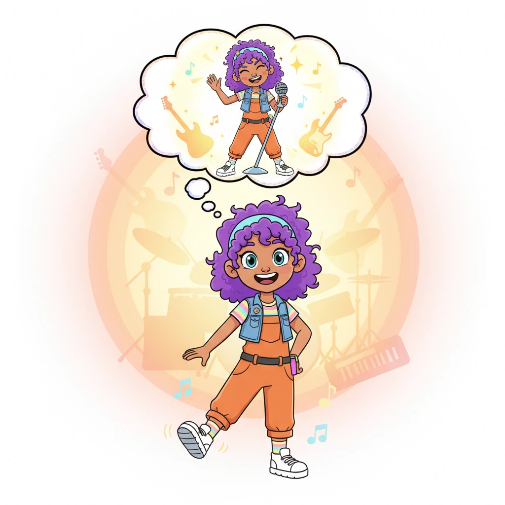 Chloe's face transforms from surprise to a determined, cheeky grin. A giant, sparkling thought bubble appears above her head, showing her holding a microphone with a triumphant pose. She taps her foot with rhythmic energy, her hair bouncing. The background glows with a warm, inspiring light, highlighting her new idea to form her own incredible band.