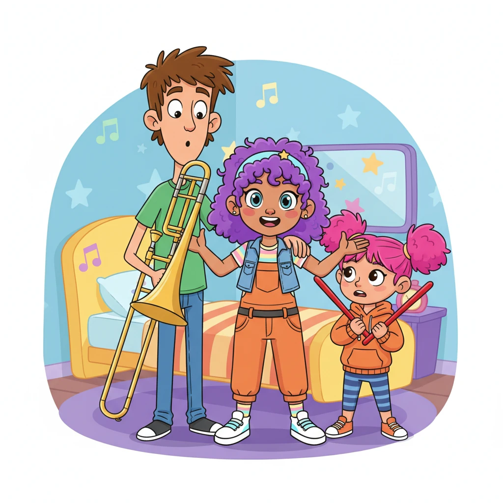 Chloe, with an arm playfully thrown around each of her best friends, Leo and Mia, excitedly explains her plan. Leo, a tall, lanky character with a surprised expression, holds a trombone much bigger than him. Mia, smaller and energetic, clutches a pair of oversized drumsticks, a mix of apprehension and eagerness on her face. They are in a brightly colored bedroom, surrounded by musical notes floating in the air.