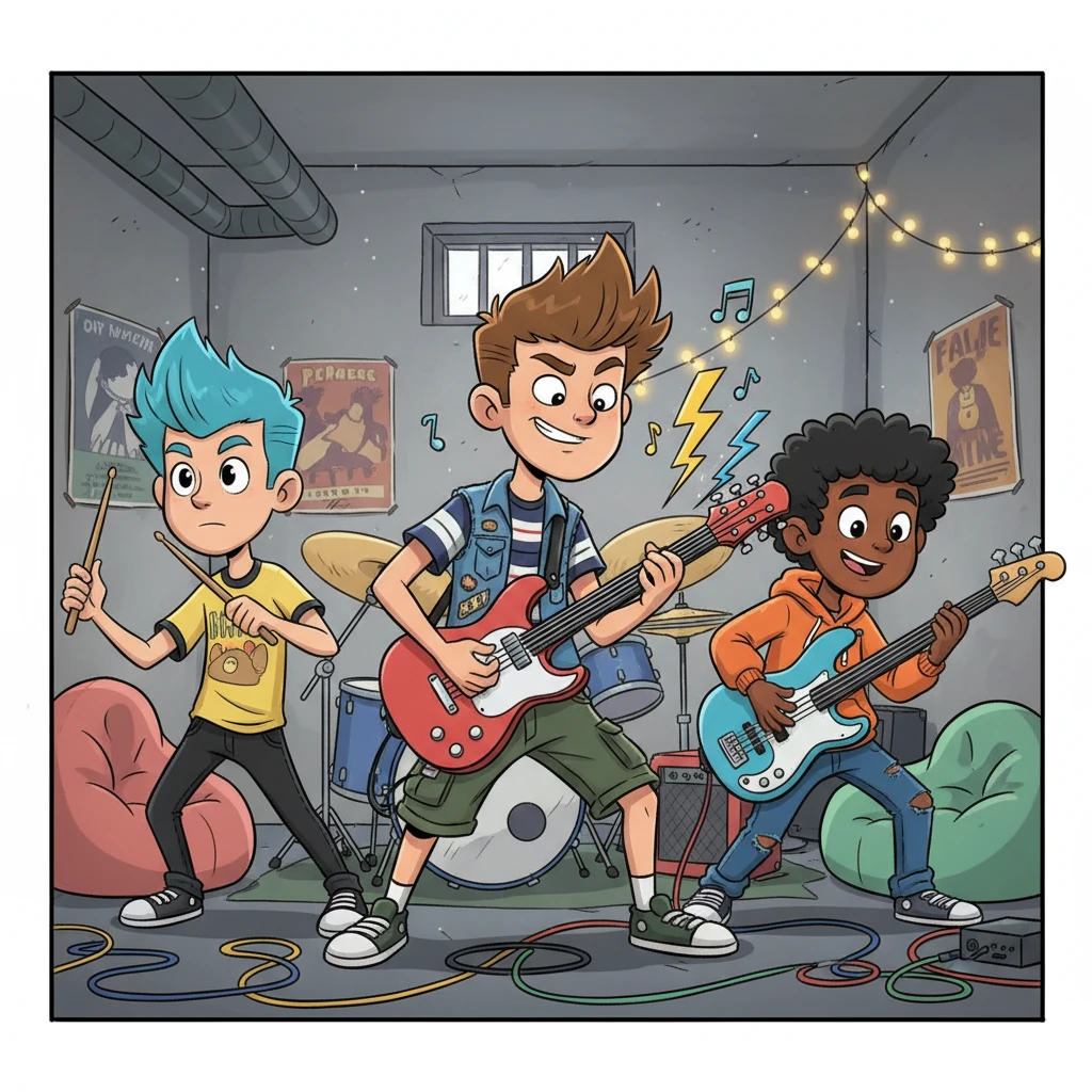 The Boys Squad, led by the charismatic Ben, strikes cool poses in their own practice space, perhaps a slightly messy but cool basement. Ben, with a confident smirk, strums his bright red electric guitar, sending exaggerated lightning bolts of sound. Another boy, sporting a spiky haircut, expertly spins a drumstick, while a third playfully plucks a bright blue bass. Their expressions are full of swagger, ready to impress.