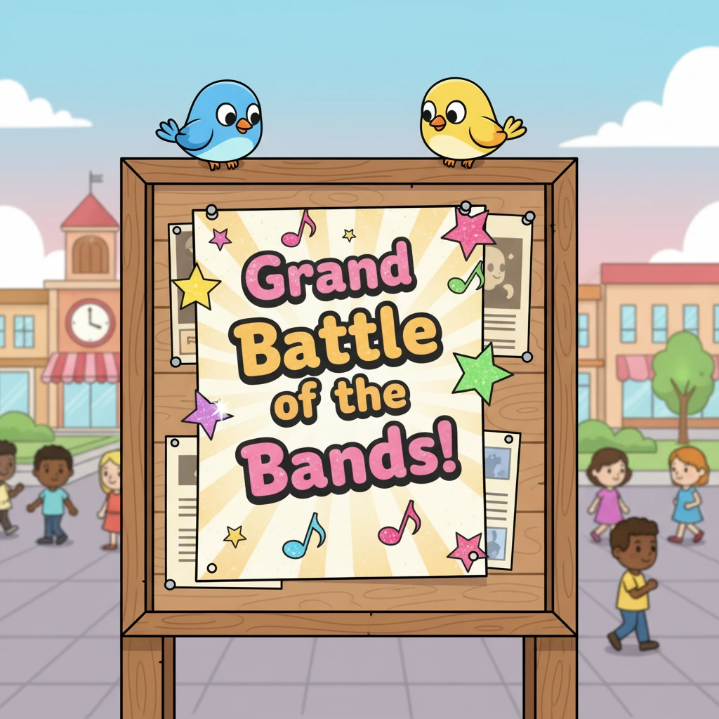 A vibrant, oversized flyer, adorned with sparkling musical notes and a bold headline "Grand Battle of the Bands!", is plastered onto a community bulletin board. Cartoon birds perch on the edges, curiously pecking at the paper. The background shows a bustling, cheerful town square, with tiny, smiling townspeople going about their day, all looking forward to the exciting event.