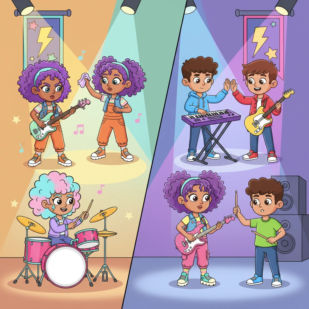 Both bands are shown in a split scene, each preparing for the big show. On one side, The Girl Squad, a mix of excited jitters and determined smiles, fine-tunes their instruments, perhaps adjusting a sparkly guitar strap or polishing a drum. On the other, The Boys Squad, looking cool and collected but with a hint of nervous energy, exchange high-fives and make last-minute checks on their gear. Colorful spotlights beam down on them, hinting at the stage lights to come.